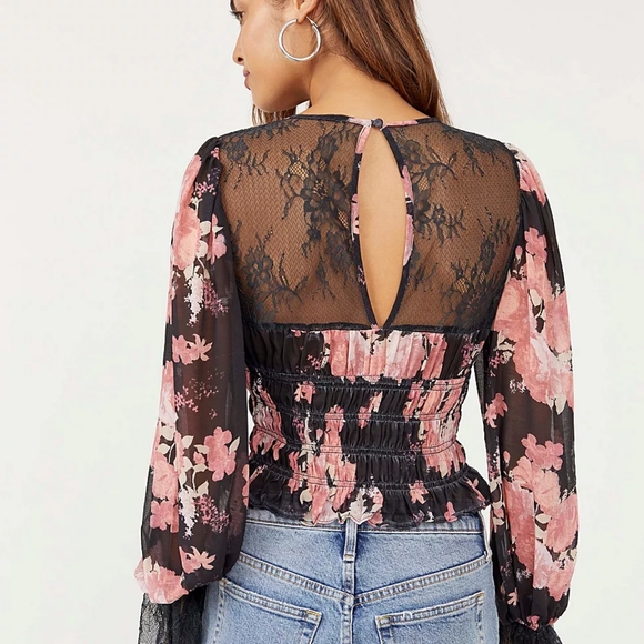 NEW Free People Daphne Blouse Midnight Combo Black Pink Floral Print Crop Top XS - Picture 3 of 16